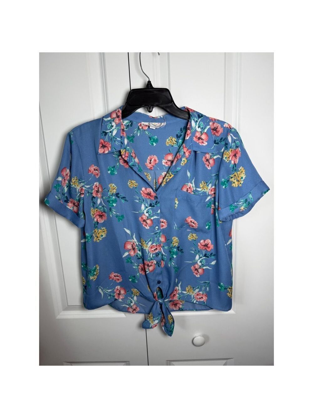 Pink Rose Blue Floral Button Down Shirt M